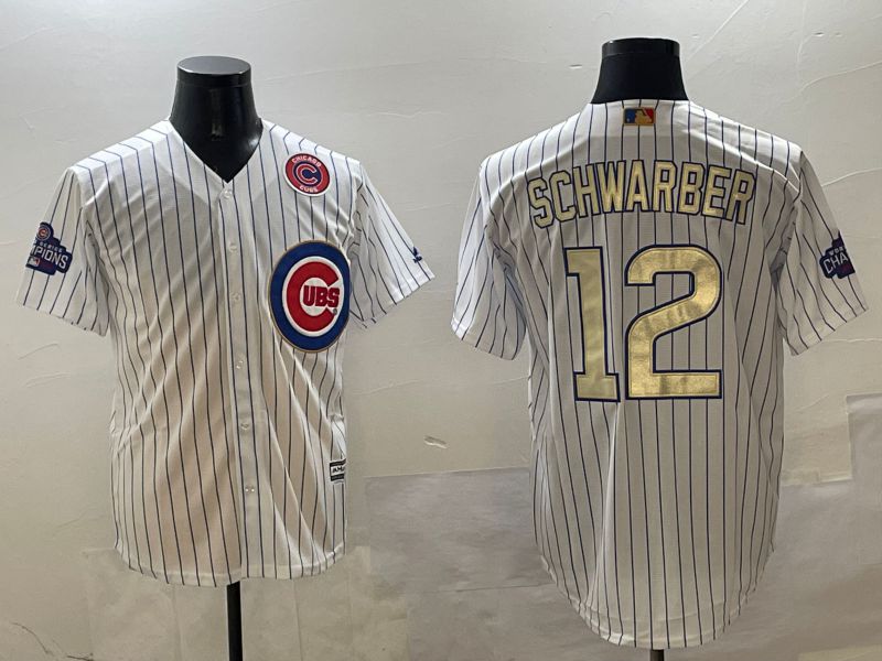 Men Chicago Cubs #12 Schwarber White Stripe Gold Game 2025 Nike MLB Jersey style 2